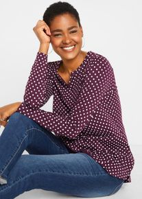 Langarmshirt bonprix "Gepunktetes Baumwoll-Langarmshirt mit Seitenschlitzen", Damen, Gr. 40/42 (M), lila (holunderbeere, wei&szlig; gepunktet), Obermaterial: 95% Baumwolle, 5% Elasthan, loose fit, Shirts Langarmshirt, lockere Passform, mit Seitenschlitzen, gep&uuml;nktetes Design