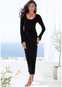 Strickkleid French Connection, Damen, Gr. 36/38, N-Gr, schwarz, Rippstrick, Obermaterial: 50% Viskose (LENZING&trade; ECOVERO&trade;), 28% Polyester, 22% Polyamid, meliert, unifarben, figurbetont lang, Rundhals, gewellter Abschluss, Kleider Strickkleid, mit leicht ausgestellten &Auml;rmeln, Loungewear, Topseller