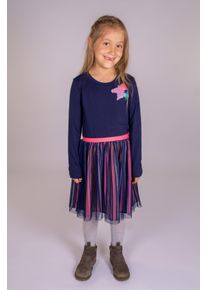 Jerseykleid happy girls, M&auml;dchen, Gr. 134, N-Gr, blau (navy), Jersey, Obermaterial: 95% Baumwolle, 5% Elasthan. Futter: 100% Polyester. Unterteil: 100% Polyester, gestreift, kontrastfarbene Details, unifarben, figurbetont kniebedeckend, Rundhals, Kleider Jerseykleid, mit angesetztem Rock im Streifen-Look