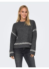 Rundhalspullover Only "ONLAMANDA LIFE LS O-NECK DETAIL CC KNT", Damen, Gr. L, grau (dunkelgrau melange detail:cloud dancer), Strick, Obermaterial: 77% Polyester, 23% Polyacryl, unifarben mit Farbeinsatz, regular fit h&uuml;ftlang, Rundhals, Rippb&uuml;ndchen, Pullover Rundhalspullover, Topseller