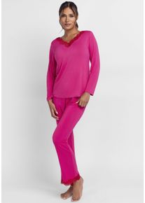 Pyjama Dorina "Origins", Damen, Gr. XL, pink, pink, Jersey, Obermaterial: 94% Acetat, 6% Elasthan, unifarben, bequem lang, V-Ausschnitt, Homewear-Sets Pyjama, Spitze, weich, Langarm, bequem, feminin