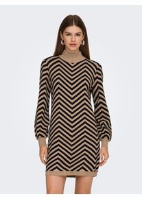 Strickkleid Only "ONLJULIA LS HIGHNECK PATTERN DRESS KNT", Damen, Gr. XL, N-Gr, toasted coconut pattern:schwarz, Strick, Obermaterial: 50% Viskose, 27% Nylon, 23% Polyester, gemustert, slim fit Midi, hoch geschlossener Ausschnitt, Puff&auml;rmel Rippb&uuml;ndchen, Kleider Strickkleid