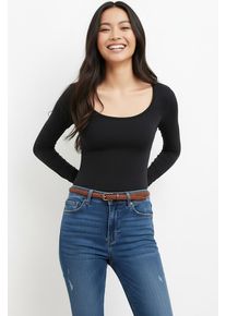 Langarmshirt BOSS Orange "Edeline Premium Damenmode", Damen, Gr. L, schwarz (schwarz 006), Jersey, Obermaterial: 94% Baumwolle, 6% Viskose, meliert, tiefer Rundhals, mit Kn&ouml;pfen,&Auml;rmel mit &Auml;rmelschlitz, Shirts Langarmshirt