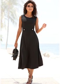 Midikleid Lascana, Damen, Gr. 40, N-Gr, schwarz, Jersey, Obermaterial: 95% Polyester, 5% Elasthan, unifarben, figurumspielend kniebedeckend, Rundhals, Kleider Midikleid, mit dekorativen Riegeln und goldenen Zierkn&ouml;pfen, b&uuml;gelfrei, Topseller