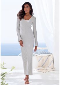 Strickkleid French Connection, Damen, Gr. 36/38, N-Gr, grau (hellgrau, meliert), Rippstrick, Obermaterial: 50% Viskose (LENZING&trade; ECOVERO&trade;), 28% Polyester, 22% Polyamid, meliert, unifarben, figurbetont lang, Rundhals, gewellter Abschluss, Kleider Strickkleid, mit leicht ausgestellten &Auml;rmeln, Loungewear, Topseller