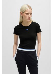 T-Shirt HUGO BLUE "Easy Tee", Damen, Gr. S, schwarz (schwarz 001), Rippstrick, Obermaterial: 96% Baumwolle, 4% Elasthan, unifarben, slim fit normal, Rundhals, eng eingefasste Kante, Shirts T-Shirt, mit HUGO Aufn&auml;her