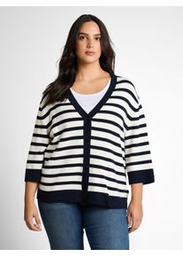 Cardigan Tom Tailor PLUS, Damen, Gr. 54, wei&szlig; sky blau knit stripe, Strick, Obermaterial: 85% Viskose, 15% Polyamid, gestreift, loose fit normal, V-Ausschnitt, Rippb&uuml;ndchen, Strickjacken Cardigan, mit Streifen Muster