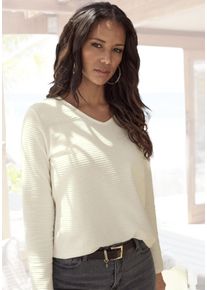 Langarmshirt Lascana "mit Streifenstruktur", Damen, Gr. 48/50, gr&uuml;n (khaki, creme), Jersey, Obermaterial: 100% Baumwolle, unifarben, Basic, normal normal, V-Ausschnitt, abgesteppt, Shirts Langarmshirt, aus weicher Baumwoll-Qualit&auml;t, Topseller