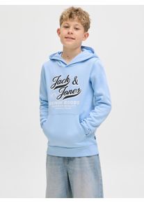 Jack & Jones Kapuzensweatshirt JACK & JONES JUNIOR "JJELOGO SWEAT HOOD 2 COL AW25 NOOS JNR", Jungen, Gr. 128, blau (chambray blau), angeraute Sweatware, Obermaterial: 70% Baumwolle, 30% Polyester, bedruckt, regular fit normal, ohne Ausschnitt, Rippb&uuml;ndchen, Sweatshirts Kapuzensweatshirt