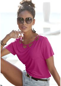 Kurzarmshirt Buffalo, Damen, Gr. 44/46, pink, Jersey, Obermaterial: 100% Viskose, unifarben, figurumspielend h&uuml;ftlang, Rundhals, Shirts Kurzarmshirt, mit Cut-outs vorne, T-Shirt, lockere Passform, Topseller