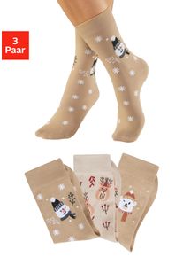 H.I.S. Basicsocken H.I.S, Damen, Gr. 39-42, 2x dunkel beige, 1x hell beige, Baumwollmischung, gemustert, elastisch, Socken Basicsocken, mit lustigen Weihnachtsmotiven
