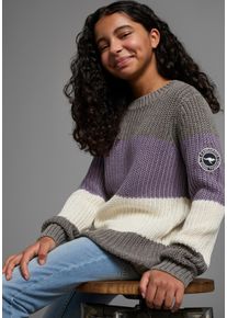 Strickpullover Kangaroos "Ringelpullover", M&auml;dchen, Gr. 176/182, lila (lila geringelt), Strick, Obermaterial: 50% Baumwolle, 50% Polyacryl, geringelt, gestreift, mehrfarbig, Basic h&uuml;ftlang, Rundhals, Strickb&uuml;ndchen, Pullover Strickpullover, mit Logo auf dem &Auml;rmel, Topseller