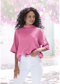 Kurzarmshirt Lascana "mit Stehkragen", Damen, Gr. 44/46, rosa (pink), Cr&ecirc;pe, Obermaterial: 97% Polyester, 3% Elasthan, unifarben, l&auml;ssig geschnitten, Shirts Kurzarmshirt, aus b&uuml;gelfreier Cr&ecirc;pe-Qualit&auml;t, Topseller