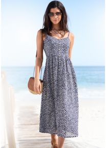 Sommerkleid Lascana, Damen, Gr. 34, N-Gr, blau (marine, creme bedruckt), Web, Obermaterial: 58% Viskose, 28% Baumwolle, 14% Leinen, bedruckt, figurumspielend ca. Mitte Wade, V-Ausschnitt, Kleider Sommerkleid, aus Leinenmix, Midikleid mit Zierknopfleiste, Strandkleid