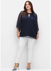 Longbluse sheego, Damen, Gr. 58, blau (marine), 100% Polyester, unifarben, Rundhals, Blusen Longbluse