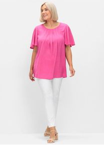 Longbluse sheego, Damen, Gr. 48, pink (fuchsia), 100% Viskose, unifarben, Rundhals, Blusen Longbluse