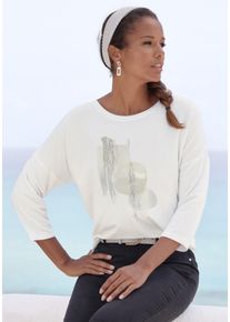 3/4-Arm-Shirt Lascana "mit schimmerndem Folienprint", Damen, Gr. 44/46, wei&szlig; (wei&szlig;, beige, silber), Single Jersey, Obermaterial: 95% Viskose (LENZING&trade; ECOVERO&trade;), 5% Elasthan, Glitzermuster, bedruckt, bequem, Rundhals, Shirts 3/4-Arm-Shirt, aus hochwertiger French Terry-Qualit&auml;t aus Viskose, Topseller