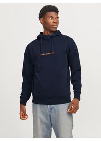 Jack & Jones Kapuzensweatshirt JACK & JONES "JJTREE SWEAT HOOD", Herren, Gr. S, blau (navy blazer print:jack, jones), angeraute Sweatware, Obermaterial: 65% Polyester, 35% Baumwolle, bedruckt, Sweatshirts Kapuzensweatshirt