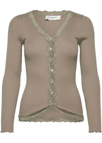 Strickjacke rosemunde "Babette Silk Cardigan", Damen, Gr. S, gr&uuml;n (khaki), Feinripp, Obermaterial: 70% Seide, 30% Baumwolle, h&uuml;ftlang, V-Ausschnitt, gewellter Abschluss, Strickjacken Strickjacke, Vintage-Spitzenbesatz, Perlmuttknopfleiste, Langarm, Seidenmix