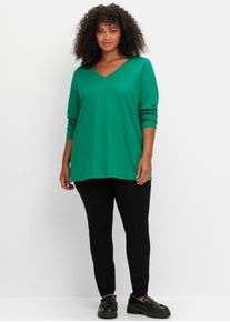 V-Shirt sheego "Langarmshirt", Damen, Gr. 44/46, gr&uuml;n, 100% Baumwolle, unifarben, V-Ausschnitt, Shirts V-Shirt