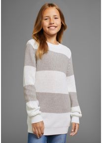 Strickpullover Kidsworld "Streifenpullover mit breitem Muster", M&auml;dchen, Gr. 164/170, grau (grau, wei&szlig; gestreift), Strick, Obermaterial: 50% Baumwolle, 50% Polyacryl, gestreift, bequem h&uuml;ftbedeckend, Rundhals, Pullover Strickpullover, modisches Streifendesign f&uuml;r M&auml;dchen