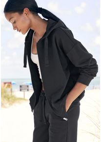 Sweatjacke Lascana, Damen, Gr. 40/42, schwarz, Sweatware, Obermaterial: 100% Baumwolle, Strukturmuster, unifarben, Basic, Basic h&uuml;ftbedeckend, breiter Bund, Sweatjacken Sweatjacke, aus organischer Baumwolle, Loungewear