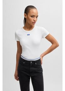 T-Shirt HUGO BLUE "Easy Tee", Damen, Gr. M, wei&szlig; (wei&szlig; 100), Rippstrick, Obermaterial: 96% Baumwolle, 4% Elasthan, unifarben, slim fit normal, Rundhals, eng eingefasste Kante, Shirts T-Shirt, mit HUGO Aufn&auml;her