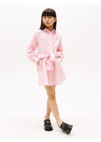 Blusenkleid Tommy Hilfiger "STRIPED SHIRT DRESS LS", M&auml;dchen, Gr. 14 (164), N-Gr, rosa (carnation pink stripes), Web, Obermaterial: 100% Baumwolle, gestreift, ausgestellt ca. Mitte Oberschenkel, Rundhals, 1-Knopf-Manschette, Kleider Blusenkleid, f&uuml;r Kinder bis 16 Jahre, mit Spitzeneinsatz