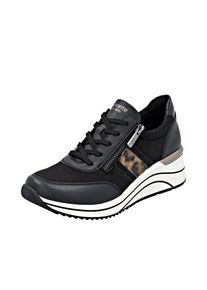 Keilsneaker Remonte, Damen, Gr. 45, schwarz (schwarz, leo), Lederimitat, Textil, Schuhe Keilsneaker, Schn&uuml;rschuh, Halbschuh, Freizeitsneaker in veganer Verarbeitung