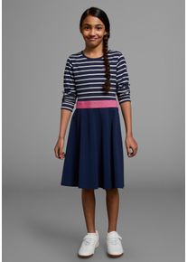 Jerseykleid Kangaroos "Kleid mit Glitzerg&uuml;rtel", M&auml;dchen, Gr. 152/158, N-Gr, wei&szlig; (marine, geringelt, wei&szlig;), Jersey, Obermaterial: 95% Baumwolle, 5% Elasthan, geringelt, mehrfarbig, figurumspielend kniefrei, Rundhals, abgesteppte Kante, Kleider Jerseykleid, festliche Anl&auml;sse, kniefrei, modischer Stil, aus Stretchqualit&auml;t, Topseller