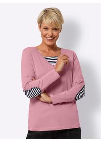 2-in-1-Langarmshirt Classic Basics "2-in-1-Shirt", Damen, Gr. 38, rosa (altrosa), 100% Baumwolle, gemustert, gestreift, mehrfarbig, V-Ausschnitt, Shirts 2-in-1-Langarmshirt