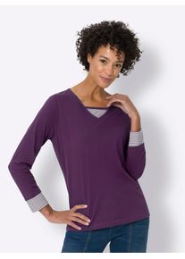 Langarmshirt Classic Basics "Shirt", Damen, Gr. 52, lila (traube), 100% Baumwolle, gemustert, mehrfarbig, V-Ausschnitt, Shirts Langarmshirt