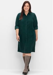 Blusenkleid sheego "Cord-Kleid", Damen, Gr. 48, Normalgr&ouml;&szlig;en, blau (tiefgr&uuml;n), 100% Baumwolle, unifarben, knielang, V-Ausschnitt, Kleider Blusenkleid