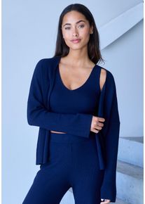 Cardigan Copenhagen Studios, Damen, Gr. 44/46, marine, Rippstrick, Obermaterial: 50% Viskose, 28% Polyester, 22% Nylon, unifarben, figurumspielend h&uuml;ftlang, weit normaler Saum, Strickjacken Cardigan, aus hochwertiger, feiner Rippe, Loungewear