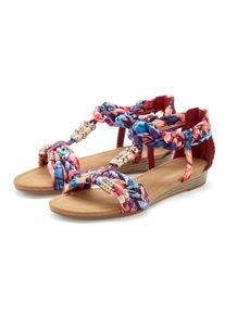 Sandale Lascana "Sommerschuh, Pantolette, offener Schuh, Sandalette", Damen, Gr. 36, bunt (pink, lila, blau), Obermaterial: 100% Textilmaterial. Decksohle: 100% Lederimitat. Futter: 100% Textilmaterial. Laufsohle: 100% Synthetik, leicht gl&auml;nzend, mehrfarbig, Schuhe Sandale, mit raffinierten Riemchen und Verzierung VEGAN