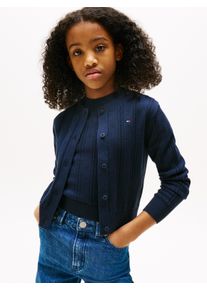 Strickjacke Tommy Hilfiger "POINTELLE CARDIGAN LS", M&auml;dchen, Gr. 6 (116), blau (schwarz night navy), Strick, Obermaterial: 100% Baumwolle, unifarben, regular fit h&uuml;ftlang, Rundhals, B&uuml;ndchen, Strickjacken Strickjacke, f&uuml;r Kinder bis 16 Jahre, mit s&uuml;&szlig;em Muster