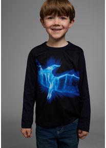 Langarmshirt Kidsworld "FLYING DINO", Jungen, Gr. 104/110, blau (marine), Jersey, Obermaterial: 100% Baumwolle. Vorderteil: 100% Polyester, bedruckt, Basic, Rundhals, Shirts Langarmshirt, Langarm, Basic-Passform, bedruckt, Rundhalsausschnitt