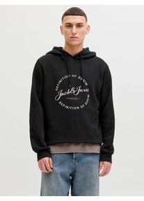 Jack & Jones Kapuzensweatshirt JACK & JONES "JJGRAYSON SWEAT HOOD", Herren, Gr. M, schwarz, angeraute Sweatware, Obermaterial: 65% Polyester, 35% Baumwolle, bedruckt, regular fit, Rippb&uuml;ndchen, Sweatshirts Kapuzensweatshirt