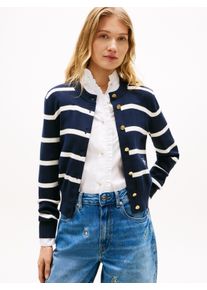 Strickjacke Tommy Hilfiger "CO FULL NEEDLE C-NK CARDI", Damen, Gr. L (42/44), big stp schwarz night, ivory petal, Strick, Obermaterial: 100% Baumwolle, gestreift, bequem, Rundhals, Strickjacken Strickjacke, mit Logo-Stickerei