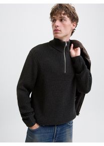 Jack & Jones Troyer JACK & JONES "JORBLEECKER KNIT HALF ZIP BF", Herren, Gr. M, schwarz detail:asphalt, Strick, Obermaterial: 65% Polyacryl, 35% Baumwolle, unifarben, regular fit h&uuml;ftlang, hoch geschlossener Ausschnitt, Rippb&uuml;ndchen, Pullover Troyer