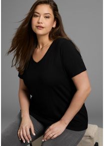 T-Shirt LAURA SCOTT CURVE, Damen, Gr. 52/54, schwarz, Jersey, Obermaterial: 94% Viskose, 6% Elasthan, unifarben, Basic, A-Linie h&uuml;ftbedeckend, V-Ausschnitt, Shirts T-Shirt, mit V-Ausschnitt aus flie&szlig;ender Viskose - GROSSE GR&Ouml;SSE