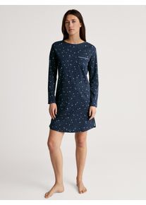 Nachthemd Calida "Sweet Dreams", Damen, Gr. M (44/46), N-Gr, blau (peacoat blau), Interlock, Obermaterial: 100% Baumwolle, gemustert, gerade kniefrei, Rundhals, Kleider Nachthemd, Brusttasche, Pure Cotton, Interlock-Qualit&auml;t, weich