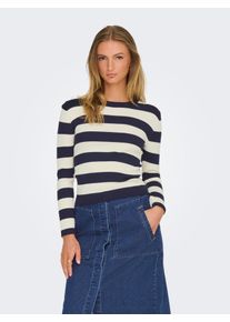 Jacqueline de Yong Rundhalspullover JDY "JDYPLUM L/S O-NECK PULLOVER KNT NOOS", Damen, Gr. L, blau (sky captain stripes:w eggnog stripes), Strick, Obermaterial: 80% Viskose, 20% Nylon, geringelt, gestreift, figurbetont h&uuml;ftlang, Rundhals, Strickkante, Pullover Rundhalspullover