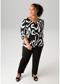 Langarmshirt ANISTON PLUS, Damen, Gr. 54, schwarz-wei&szlig; (schwarz, wei&szlig;), Single Jersey, Obermaterial: 95% Viskose, 5% Elasthan, bedruckt, gemustert, figurumspielend Po-bedeckend, Rundhals, elastischer Bund mit Gummizug, Shirts Langarmshirt, mit gro&szlig;fl&auml;chigem, grafischen Druck