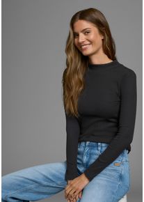 Langarmshirt AJC, Damen, Gr. 32, schwarz, Feinripp, Obermaterial: 60% Baumwolle, 40% Polyester, unifarben, Basic, sehr figurbetont, hoch geschlossener Ausschnitt, abgesteppte Kante, Shirts Langarmshirt, lang&auml;rmelig, Basic-Stil, Stehkragen, ideal f&uuml;r B&uuml;ro und Freizeit, Topseller