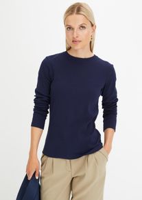 Langarmshirt bonprix "Geripptes Langarmshirt aus reiner Baumwolle", Damen, Gr. 56/58 (XXXL), blau (dunkelblau), Rippware, Obermaterial: 100% Baumwolle, unifarben, slim fit normal, Rundhals, angesetztes B&uuml;ndchen, Shirts Langarmshirt, Slim fit Passform, ohne Kragen, aus reiner Baumwolle, unifarben