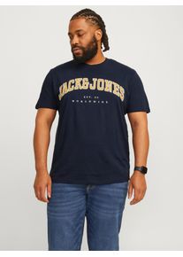 Jack & Jones PlusSize T-Shirt "JJECALEB VARSITY TEE SS O-NECK NOOS PLS", Damen, Gr. 3XL, blau (navy blazer), Jersey, Obermaterial: 100% Baumwolle, JACK & JONES PLUSSIZE, bedruckt, Basic, regular fit normal, Rundhals, Shirts T-Shirt, mit Logobranding