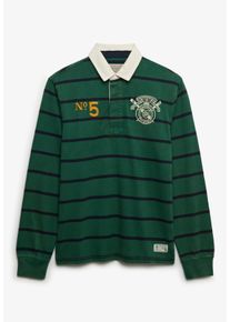 Langarmshirt Superdry "DOUBLE EMBLEM STRIPE RUGBY", Herren, Gr. L, hunter gr&uuml;n stripe, Single Jersey, Obermaterial: 100% Baumwolle, gestreift, relaxed fit normal, ohne Ausschnitt, Shirts Langarmshirt