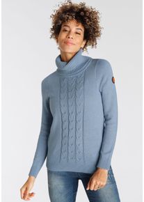Rollkragenpullover Kangaroos, Damen, Gr. 36/38, blau (lightblau melange), Strick, Obermaterial: 60% Baumwolle, 40% Polyacryl, Zopfmuster, meliert, figurumspielend h&uuml;ftbedeckend, Rippb&uuml;ndchen, Pullover Rollkragenpullover, mit tollem Zopf-Strickmuster