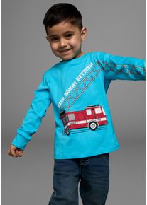 Langarmshirt Kidsworld "HIER KOMMT RETTUNG", Jungen, Gr. 140/146, blau (t&uuml;rkis), Single Jersey, Obermaterial: 100% Baumwolle, bedruckt, Basic, Rundhals, Shirts Langarmshirt, Langarm, Basic-Passform, peppiger Druck, Topseller